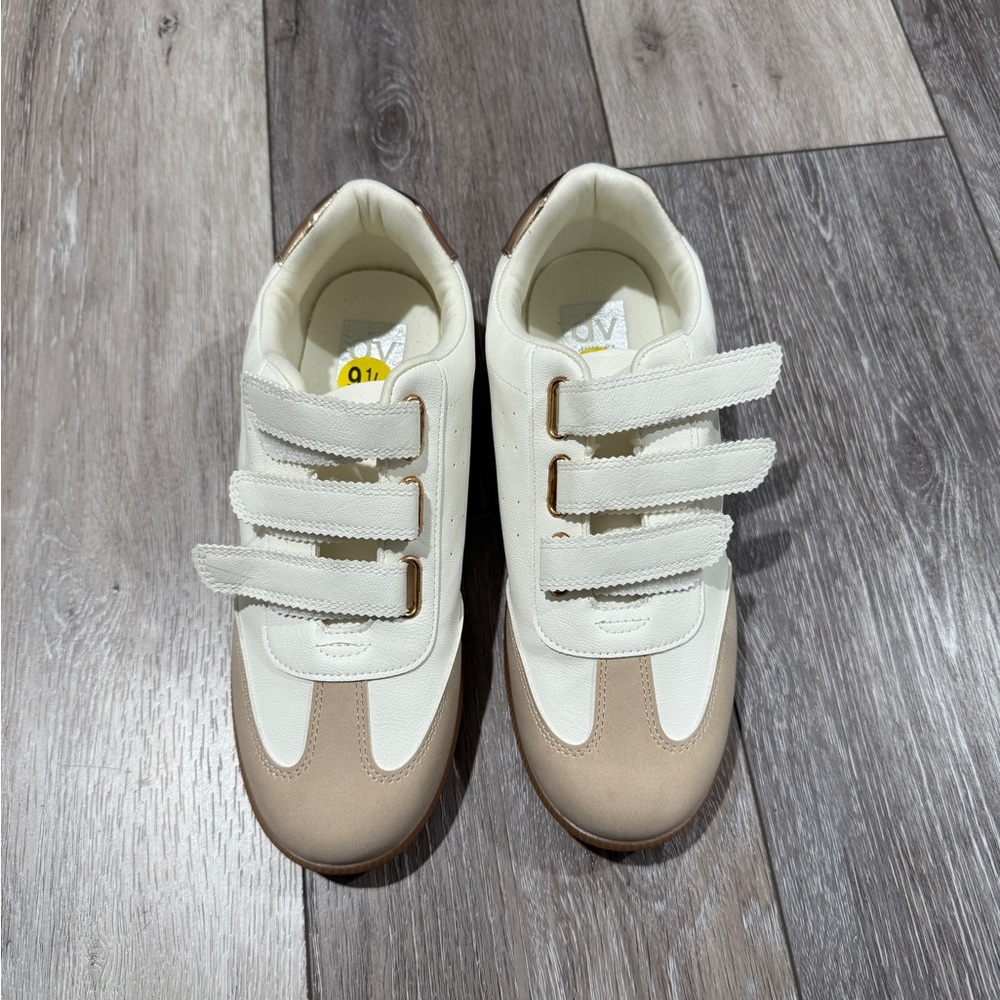White and Tan Velcro Sneakers